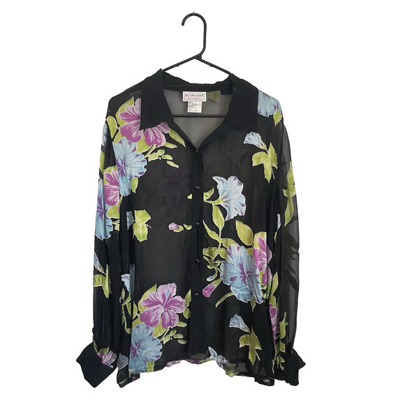 Victor Costa Tops - Victor Costa Floral Blouse L Sheer Silk Blend Black Vintage Y2K Top
